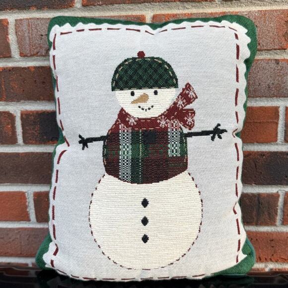 Holiday Snowman Christmas Tapestry Pillow with Red/Green Plaid Back - Picture 1 of 4